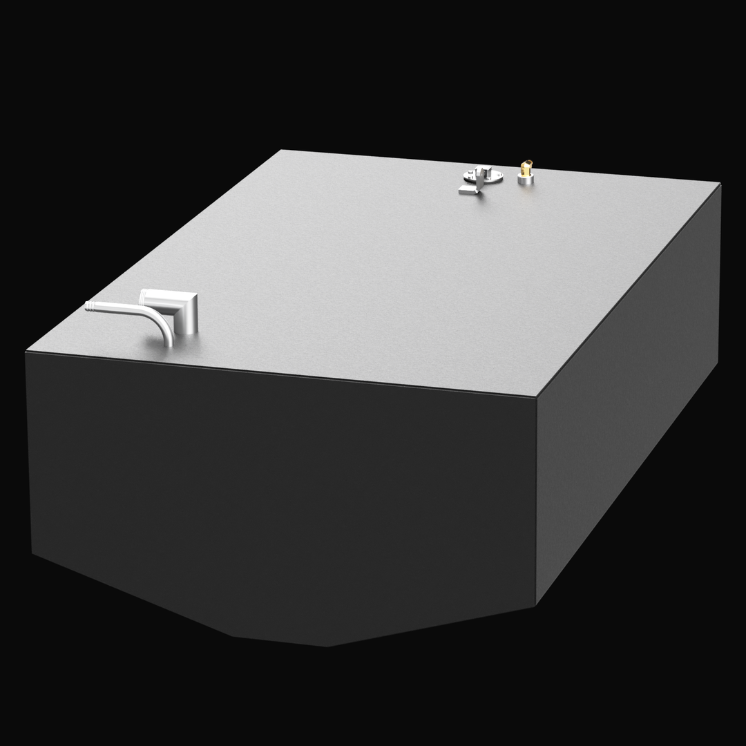 3D model rendering of a Century 203 fuel tank. The tank is rectangular with a slightly angled front edge and a flat top with multiple fittings, including two curved pipes and a small capped opening. The model is displayed with a dark gray body and a lighter gray top, shown at a front angle against a black background