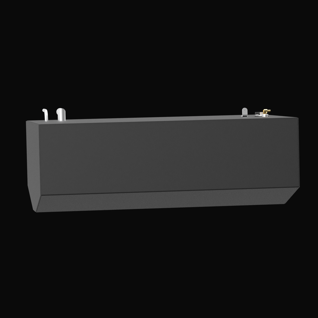 A 3D model rendering of a rectangular black fuel tank for a Century 203 boat from the year 2000. The tank has a flat top with two protruding pipes on the left side and several fittings including a capped inlet and mounting bracket on the right side. The bottom front edge of the tank is angled inward, giving it a tapered profile. The surface texture appears matte and smooth