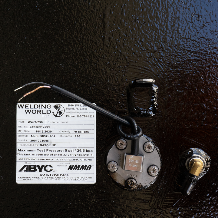 Close-up image of a fuel tank featuring a Welding World INC label specifying it's for a Century 2201 with a 70-gallon capacity, along with the sending unit and fittings