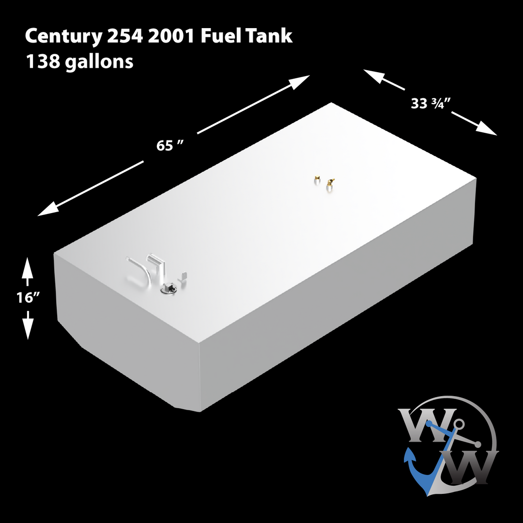 OEM replacement belly fuel tank for a 2001 Century Boats 254, featuring a sleek black design and equipped with fuel fittings and a sending unit