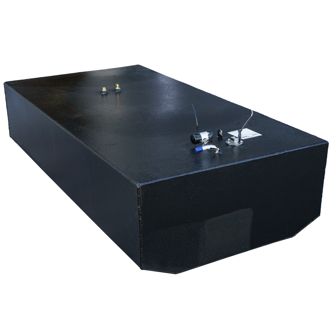 OEM replacement belly fuel tank for a 2001 Century Boats 254, featuring a sleek black design and equipped with fuel fittings and a sending unit