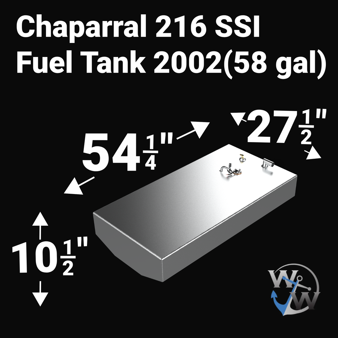 Dimensional technical diagram for a Chaparral 216 SSI (2002) replacement fuel tank with a 58-gallon capacity. The graphic displays precise measurements of 54 1/4" length, 27 1/2" width, and 10 1/2" height, featuring a specialized V-shaped hull-conforming bottom. Fabricated from marine-grade aluminum, this OEM replacement is engineered by Welding World for a guaranteed 100% drop-in fit.