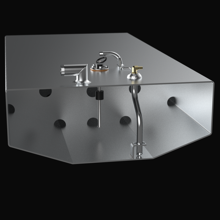 Internal cutaway view of a Chaparral 216 SSI replacement fuel tank showcasing the heavy-duty internal baffle system and anti-siphon pickup tube. The image highlights the precision TIG welding on .190" marine-grade aluminum and the specialized V-shape bottom designed for a guaranteed 100% drop-in fit. These baffles are engineered to reduce fuel slosh and maintain vessel stability during various sea conditions.