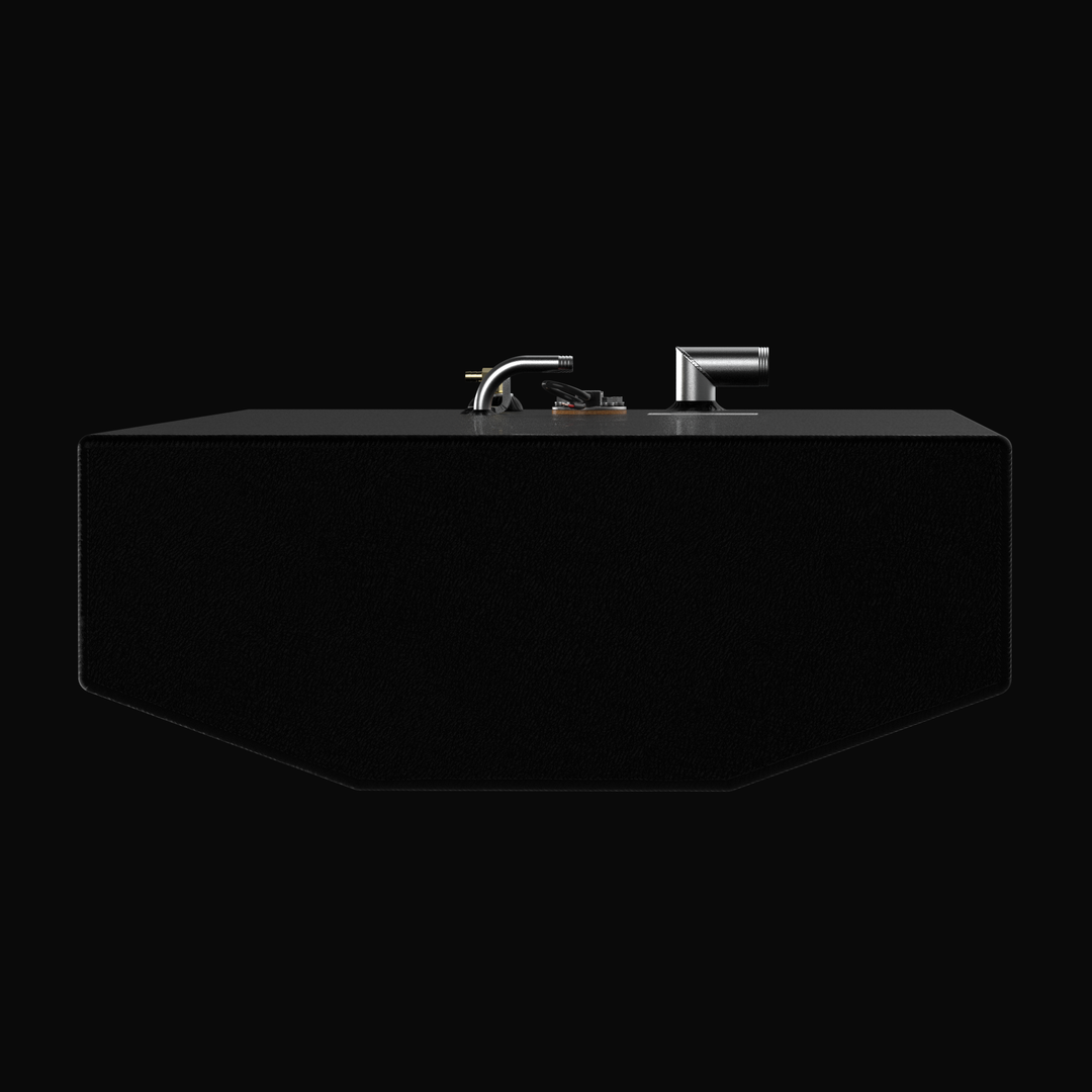 A front perspective view of the Chaparral 216 SSI (2002) replacement fuel tank, highlighting the specialized V-shaped hull-conforming profile. Coated in a rugged black Coal Tar Epoxy, this 58-gallon marine fuel tank is fabricated from heavy-duty .190" aluminum. The image shows the top-mounted 316 stainless steel fill and vent tubes, engineered for a guaranteed 100% drop-in fit and maximum corrosion resistance in offshore environments.