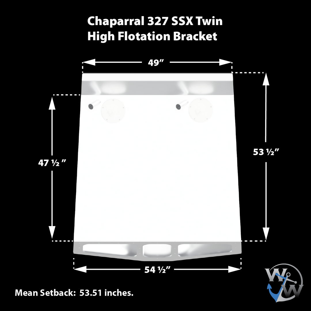 Diagram of a Chaparral 327 SSX Twin High Flotation Bracket, showing a white outline of the bracket with dimensions marked: 49 inches wide at the top, 54 ½ inches wide at the bottom, 47 ½ inches tall on the left side, and 53 ½ inches tall on the right side. The diagram includes a note indicating a mean setback of 53.51 inches and features the W&W logo at the bottom right corner. The background is black