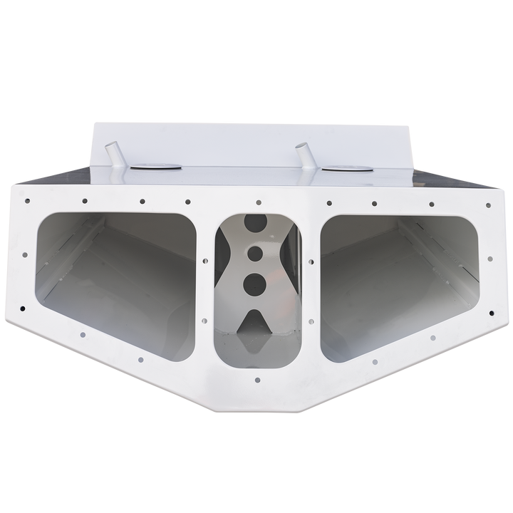 White custom high flotation twin outboard engine bracket designed for a Chaparral 327 SSX, viewed from the front showing a rectangular frame with rounded edges, large cutouts on each side, and multiple mounting holes. The background is transparent.