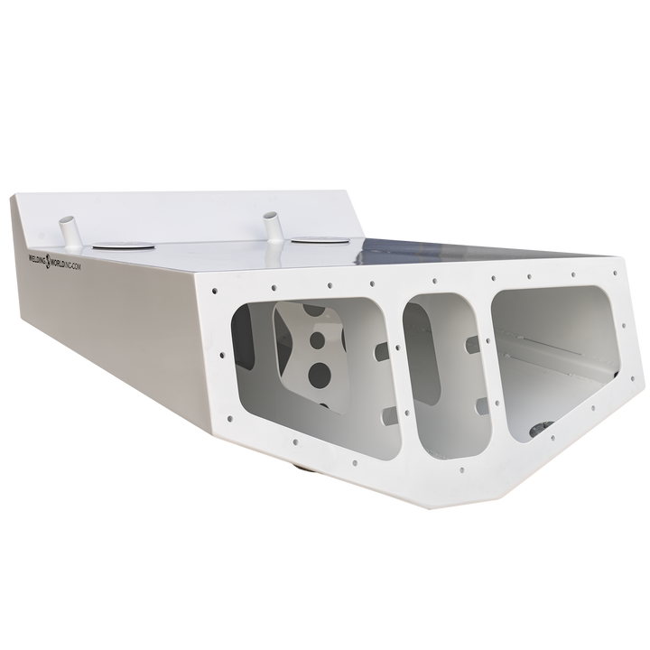 White custom high flotation twin outboard engine bracket designed for a Chaparral 327 SSX, shown from an angled front view with multiple cutouts and mounting holes. The background is transparent with a checkered pattern