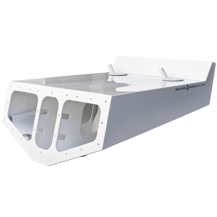 White Chaparral 327 SSX Custom High Flotation Twin Outboard Engine Bracket, a large rectangular metal structure with cutouts and mounting points, featuring the "WELDING WORLD INC" logo on the side. The background is transparent