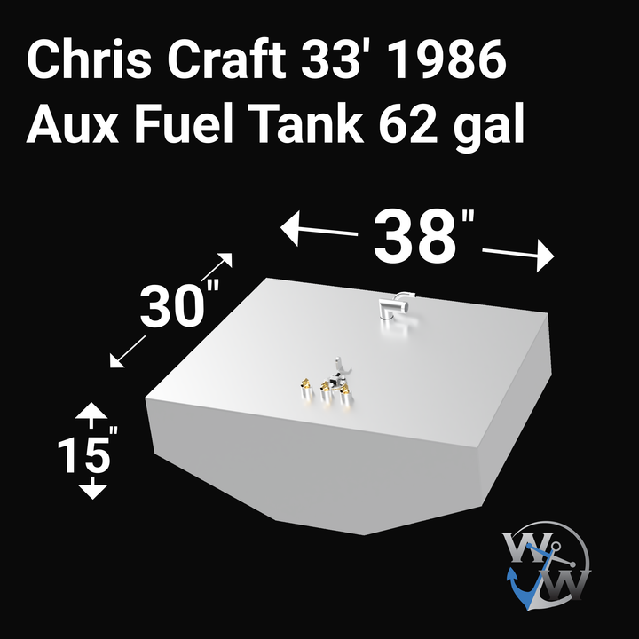 Labeled 3D rendering of a 62-gallon auxiliary fuel tank for a 1986 Chris Craft 38-foot boat. The tank is white with fittings on top including fuel fill, vent, and sending unit. Dimensions shown are 38 inches in width, 30 inches in length, and 15 inches in height. The tank has mounting tabs on the sides. The rendering is set against a black background and includes a small logo in the lower right corner