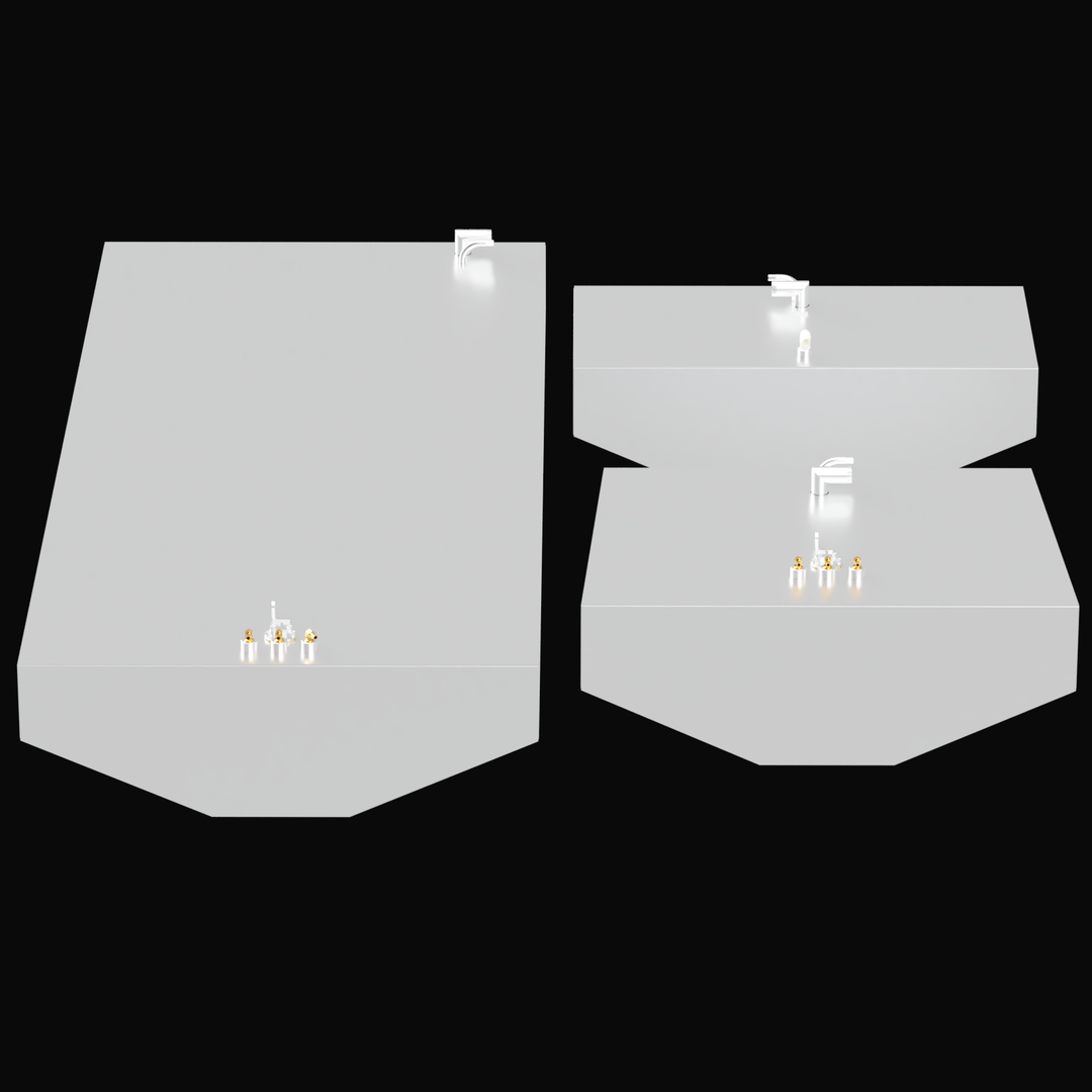 Labeled 3D rendering of a set of three fuel tanks for a 1986 Chris Craft 33-foot boat, shown side by side against a black background. The tanks are white with fittings and mounting tabs on top. The largest tank on the left is the main fuel tank with 203-gallon capacity and dimensions 99 ½ inches length, 43 inches width, and 14 inches height. The middle tank is the auxiliary fuel tank with 62-gallon capacity and dimensions 38 inches width, 30 inches length, and 15 inches height. The smallest tank at the back