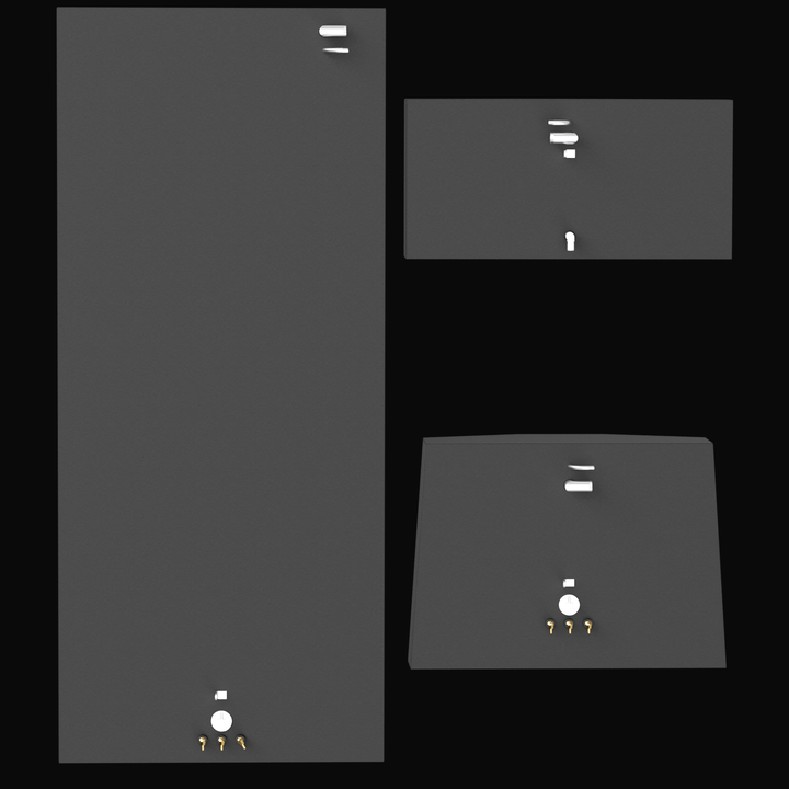 3D rendering showing a set of three black fuel tanks from a top-down view on a black background. The tanks are rectangular with various fittings including fuel fill, vent, and sending units. The largest tank is on the left, with two smaller tanks stacked on the right. All tanks have mounting tabs on their edges. The surface texture is matte