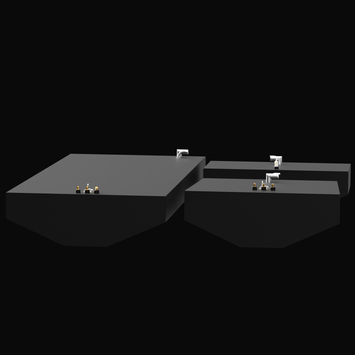 3D rendering of a black fuel tank set for a Chris Craft 33-foot boat, 1986 model. The set includes three tanks of varying sizes: a large main tank, a medium auxiliary tank, and a smaller water tank. Each tank features fittings on top for fuel fill, vent, and sending units, with mounting tabs on the sides. The combined capacity of the set is 307 gallons. The tanks are displayed on a black background with realistic shading and reflections.