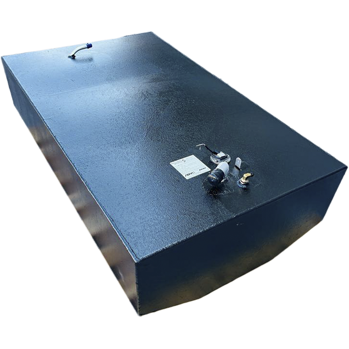 A dark, rectangular fuel tank with a textured surface is positioned against a black and grey checkered background. Various fittings, including a small curved pipe with a blue tip, a cap, and a wired sensor, are visible on its top surface. A white label with "ABYC" and other text is also present