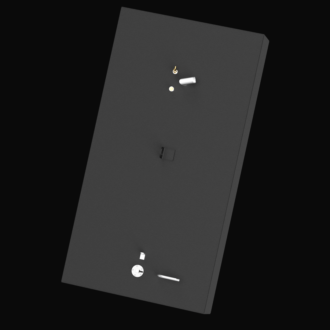 3D rendered image of a black Built to OEM Specs fuel tank, shown at an angle against a black background. The tank has a rectangular shape with rounded edges on the front side. Multiple fittings and attachments are visible on the top surface. There is no text or logo visible