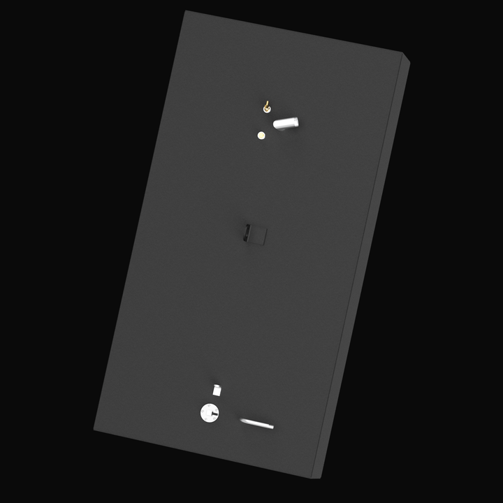 3D rendered image of a black Built to OEM Specs fuel tank, shown at an angle against a black background. The tank has a rectangular shape with rounded edges on the front side. Multiple fittings and attachments are visible on the top surface. There is no text or logo visible