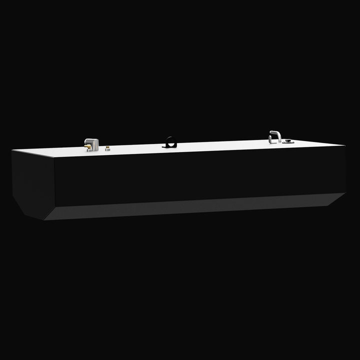 3D rendered image of a rectangular black Built to OEM Specs fuel tank with a flat matte white top surface. The front edge of the tank is angled. On top, there are metallic fittings in silver and brass colors, plus a black circular mounting bracket near the center. The background is solid black