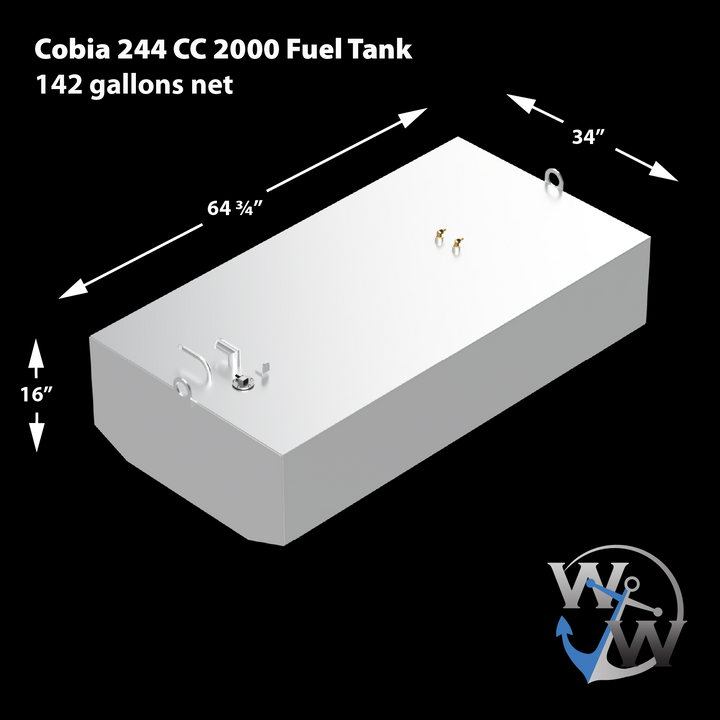 Cobia 244 CC 2000 Fuel Tank, 142 gallons net, with dimensions 64 3/4" L x 34" W x 16" H