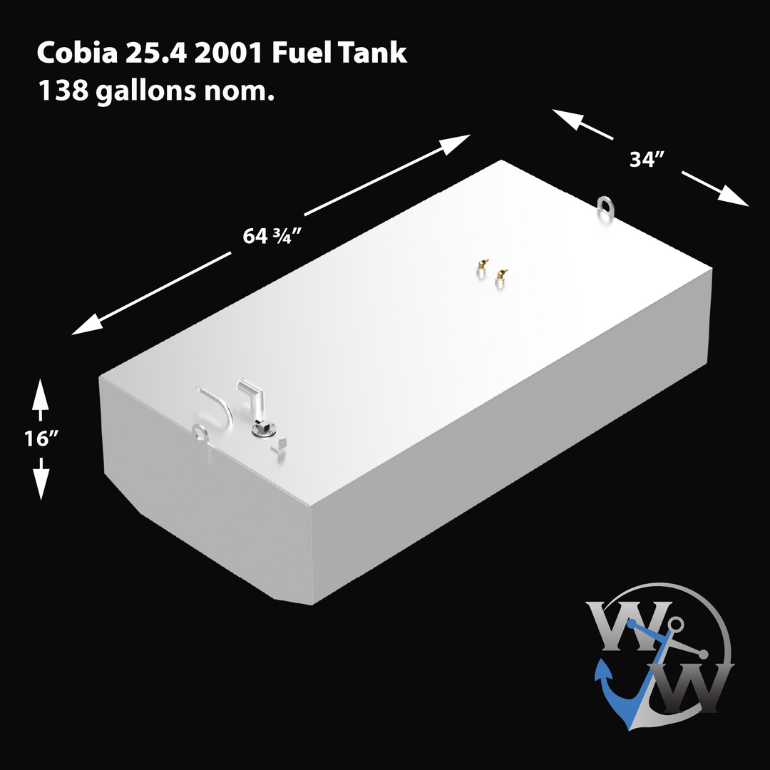 3D render of an OEM replacement fuel tank for a 2001 Cobia 25.4 boat with a 138-gallon nominal capacity. The tank measures 64.75 inches long, 34 inches wide, and 16 inches high. Features include top-mounted fittings for fill, vent, sender, and dual fuel pickups, as well as lifting tabs at both ends. WW anchor logo in bottom right corner