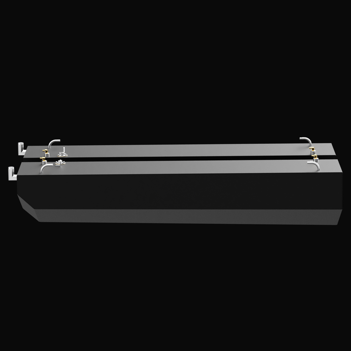 A 3D render showing a side profile view of a pair of long, dark grey boat fuel tanks with light grey tops, detailing their various silver and brass-colored fittings against a black background.