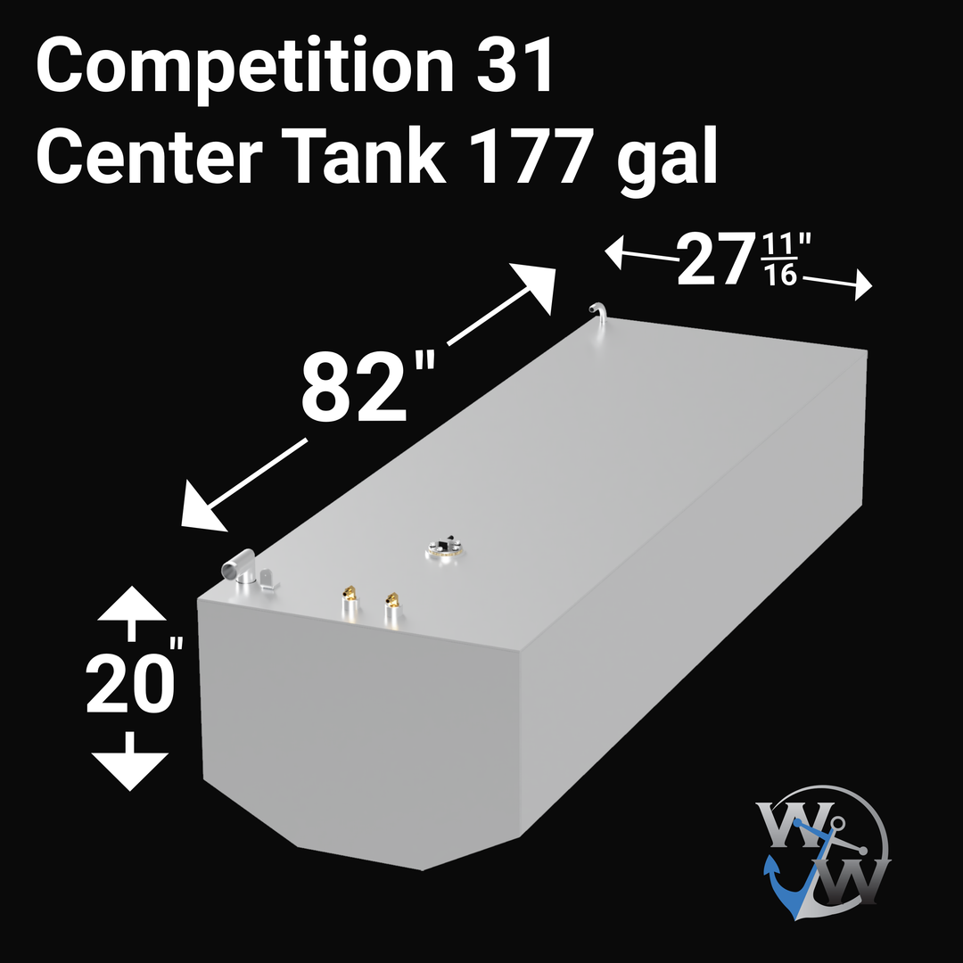 Intended for an Built to OEM Specs fuel tank Center Tank for a Competition 31 boat, featuring a substantial 329-gallon capacity. These fuel tanks are typically custom-fabricated from high-quality, marine-grade aluminum to meet original equipment manufacturer (OEM) specifications, ensuring a precise fit within the boat's hull structure. The tank would be equipped with all necessary standard fittings for fuel fill, venting, engine supply, and fuel level monitoring