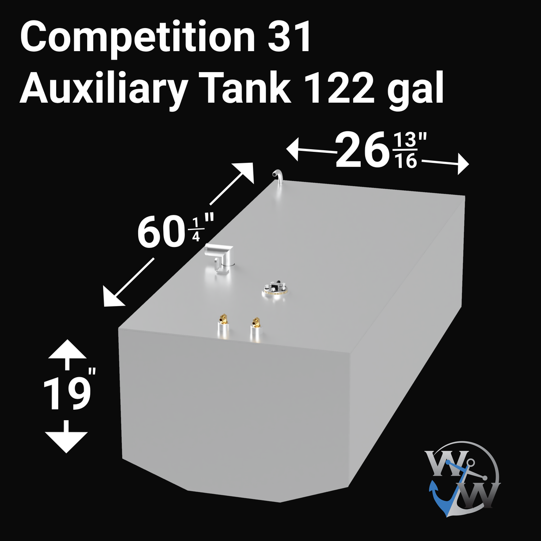 Intended for an Built to OEM Specs fuel tank Auxiliary for a Competition 31 boat, featuring a substantial 329-gallon capacity. These fuel tanks are typically custom-fabricated from high-quality, marine-grade aluminum to meet original equipment manufacturer (OEM) specifications, ensuring a precise fit within the boat's hull structure. The tank would be equipped with all necessary standard fittings for fuel fill, venting, engine supply, and fuel level monitoring