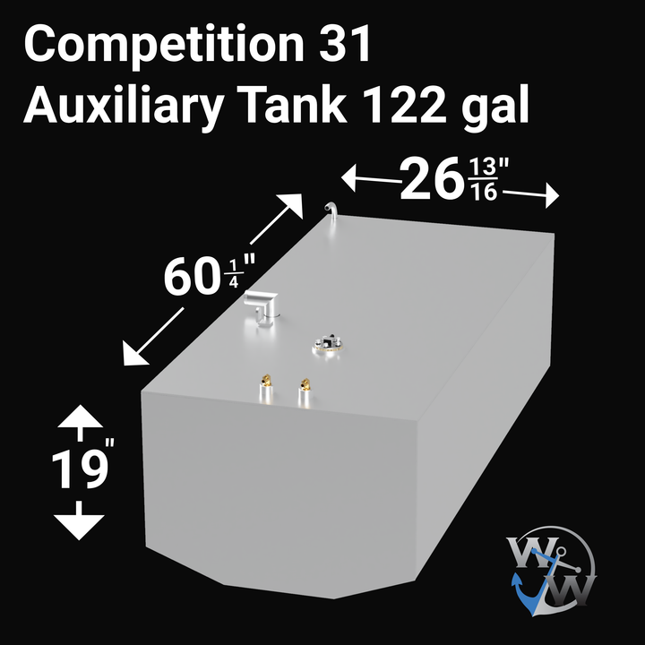 Intended for an Built to OEM Specs fuel tank Auxiliary for a Competition 31 boat, featuring a substantial 329-gallon capacity. These fuel tanks are typically custom-fabricated from high-quality, marine-grade aluminum to meet original equipment manufacturer (OEM) specifications, ensuring a precise fit within the boat's hull structure. The tank would be equipped with all necessary standard fittings for fuel fill, venting, engine supply, and fuel level monitoring