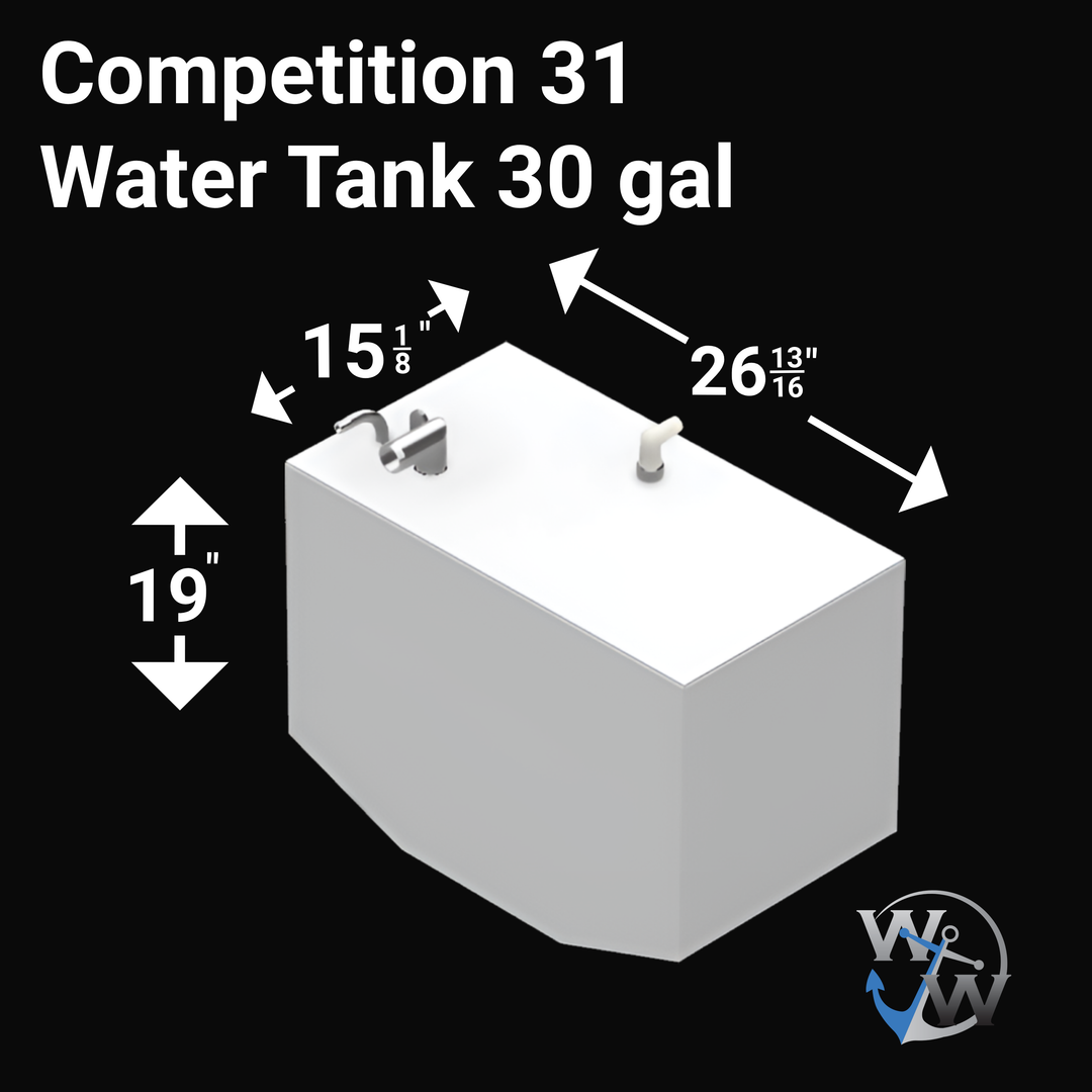 Intended for an Built to OEM Specs fuel tank Water for a Competition 31 boat, featuring a substantial 329-gallon capacity. These fuel tanks are typically custom-fabricated from high-quality, marine-grade aluminum to meet original equipment manufacturer (OEM) specifications, ensuring a precise fit within the boat's hull structure. The tank would be equipped with all necessary standard fittings for fuel fill, venting, engine supply, and fuel level monitoring