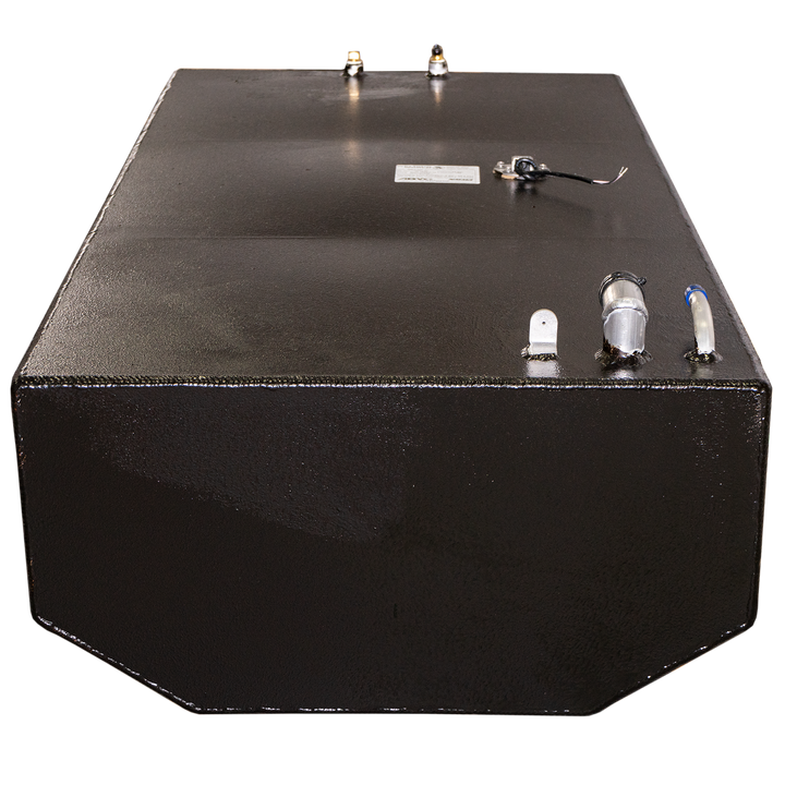 A black Contender 21' 1980 94 gal. OEM Replacement Belly Fuel Tank is depicted at an angle on a transparent checkerboard background. The top surface of the tank features various fittings, including brass-colored connectors, a circular cap with exposed wires, a small L-shaped metal bracket, a silver cylindrical fitting, and a curved silver pipe with a blue cap. The tank has a textured, slightly reflective finish