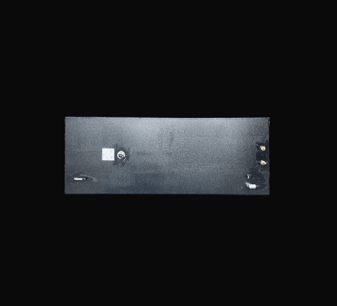 Overhead plan view of Contender 21 (2002) 98 gal coated fuel tank showing fitting layout and sender location.