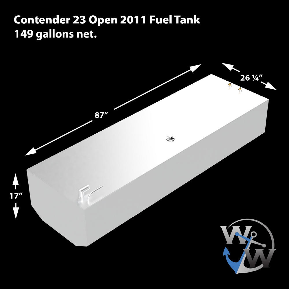 A digital 3D model of a marine fuel tank for a Contender 23 Open 2011 boat, shown in a light gray color with a black background. The tank has dimensions marked with white arrows and text: 87 inches long, 26 1/4 inches wide, and 17 inches tall. The tank is rectangular with a beveled corner on the bottom left. Several fittings are visible on the top surface, including two angled pipes at the front-left corner and two small fittings at the back-right corner