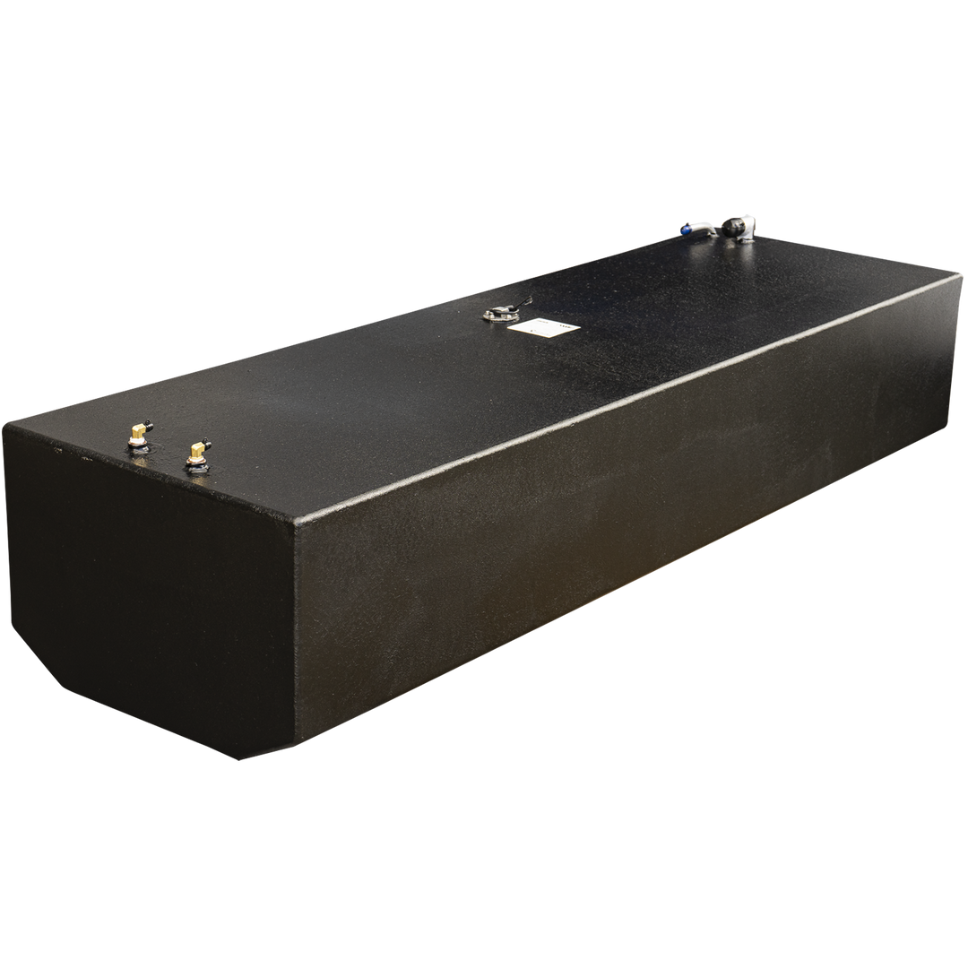 A long, rectangular marine fuel tank with a textured black protective coating, viewed from a perspective angle against a checkered background. The tank is equipped with various fittings on its top surface, including two brass fuel line connections at one end, a silver fuel sending unit plate in the center, and additional fittings for fill and vent lines at the opposite end