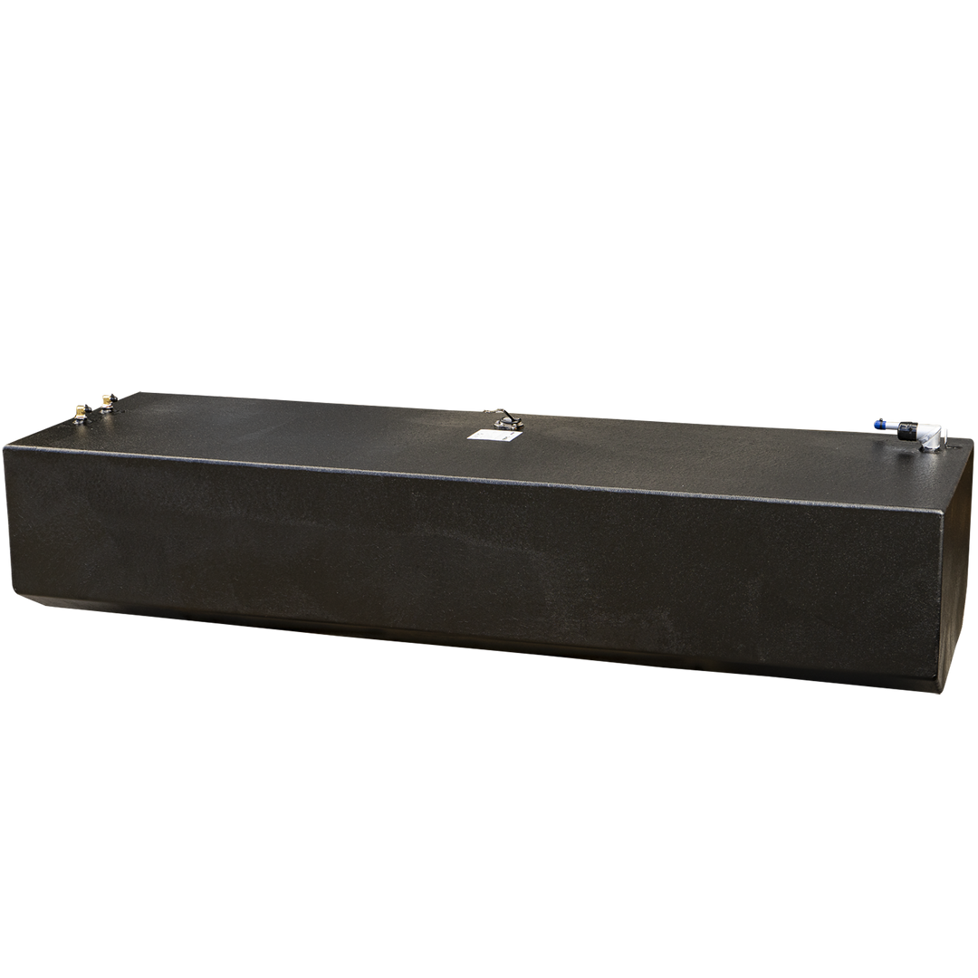 A side profile view of a long, rectangular marine fuel tank with a textured black coating, shown against a checkered background. Various fittings are spaced along the top surface, including two brass fuel line connections on the left, a central fuel sender unit plate with a label, and a large fill pipe and vent fitting on the right