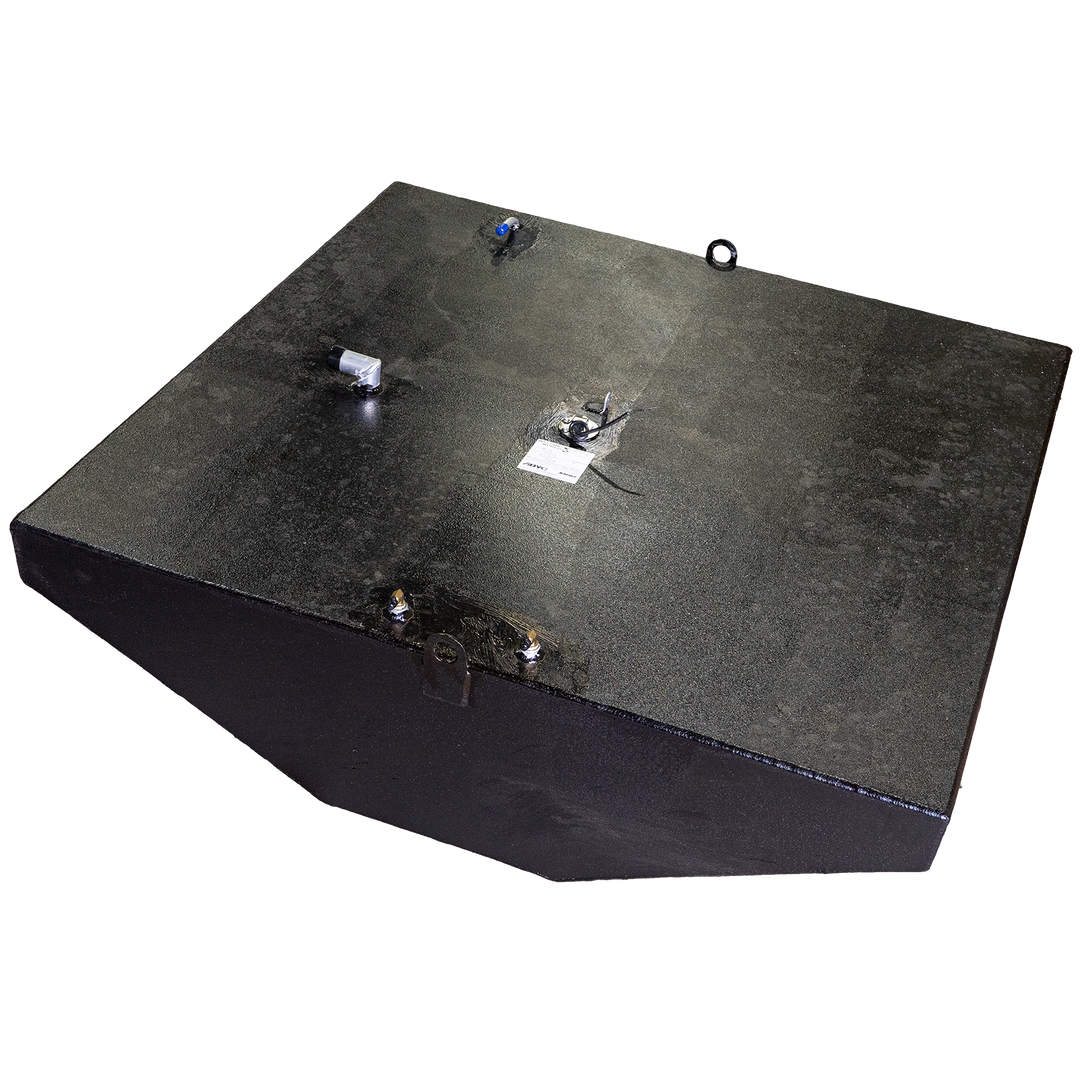 Black fuel and water tank combo for a 1993 Contender 25' boat, featuring a 180-gallon fuel capacity and a 23-gallon water capacity, with visible fittings and a flat top design