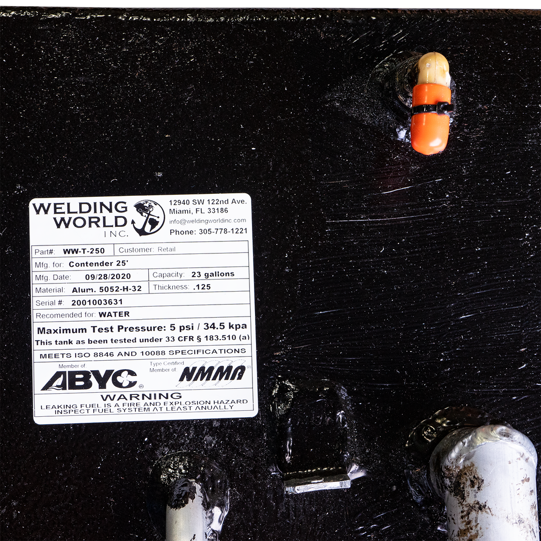 Close-up of a fuel and water tank combo for a 1993 Contender 25' boat, featuring a label from Welding World, Inc. The label indicates a fuel capacity of 180 gallons and a water capacity of 23 gallons, with a maximum pressure of 5 psi and a weight of 34.5 kg. The tank is equipped with a float indicator and is marked with safety warnings