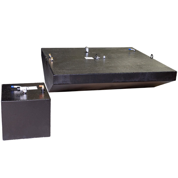 A combination of two tanks designed for a 1993 Contender 25' boat, featuring a large black fuel tank with a capacity of 180 gallons and a smaller black water tank with a capacity of 23 gallons, both equipped with various fittings and valves