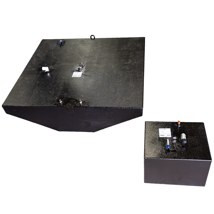 Two black tanks designed for a 1993 Contender 25' boat, featuring a large fuel tank with a capacity of 180 gallons and a smaller water tank with a capacity of 23 gallons, both equipped with valves and fittings
