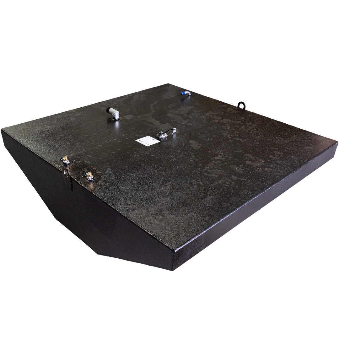 1993 Contender 25' fuel and water tank combo, featuring a black metal design with a capacity of 180 gallons for fuel and 23 gallons for water, showcasing various fittings and a smooth surface