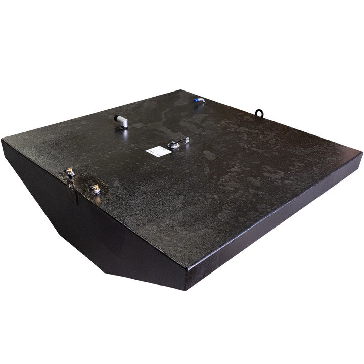 1993 Contender 25' fuel and water tank combo, featuring a black metal design with a capacity of 180 gallons for fuel and 23 gallons for water, showcasing various fittings and a smooth surface