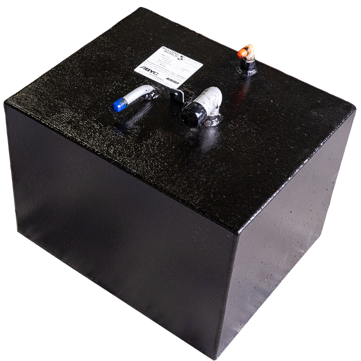 A black rectangular tank designed for a 1993 Contender 25' boat, featuring a fuel capacity of 180 gallons and a water capacity of 23 gallons. The tank has a label on top, a blue and white valve, and an orange indicator