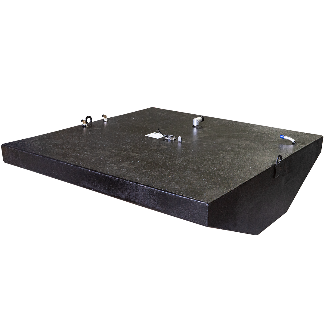 Black rectangular tank designed for a 1993 Contender 25' boat, featuring a combined capacity of 180 gallons for fuel and 23 gallons for water, with multiple fittings and a sturdy construction
