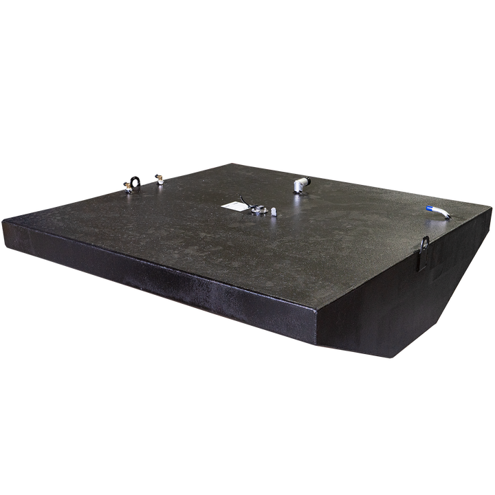 Black rectangular tank designed for a 1993 Contender 25' boat, featuring a combined capacity of 180 gallons for fuel and 23 gallons for water, with multiple fittings and a sturdy construction
