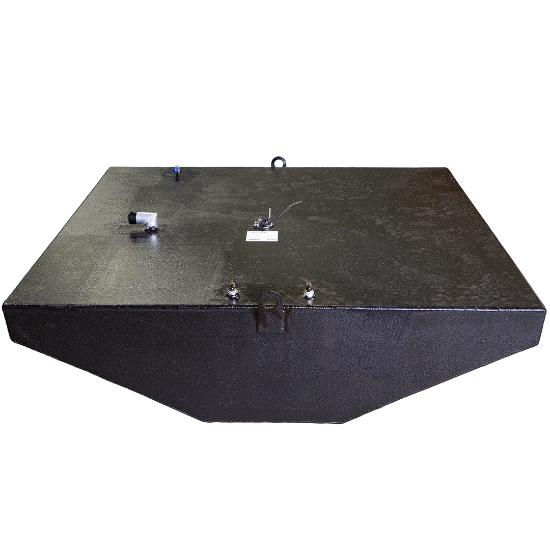 A 1993 Contender 25' boat fuel and water tank combo, featuring a sleek black design with a capacity of 180 gallons for fuel and 23 gallons for water. The tank is equipped with various fittings and connectors on the top surface