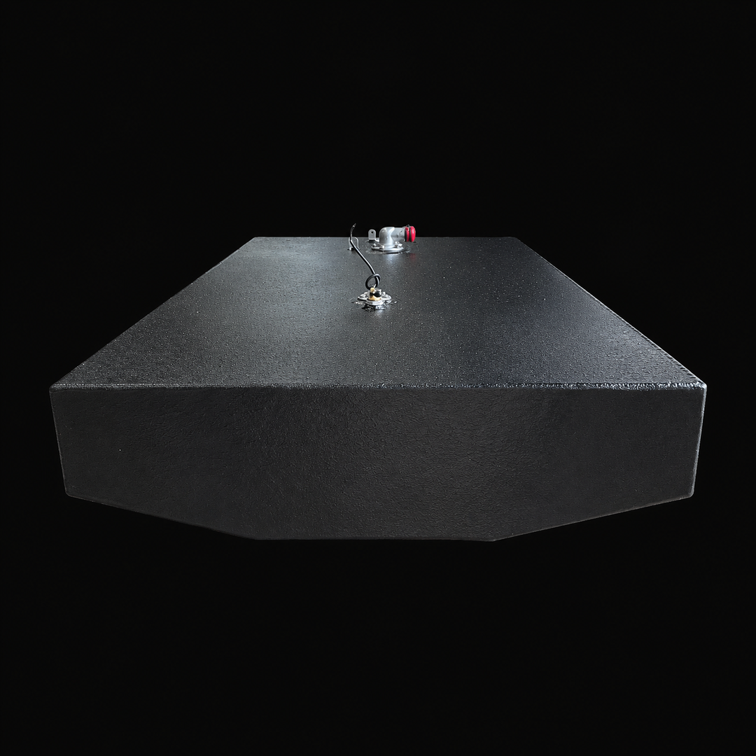 A front straight-elevation perspective view of a black Contender 25 Bay Boat 2017 replacement marine fuel tank isolated against a black background. This low-angle shot highlights the wide, shallow cross-sectional volume of the 91-gallon low-profile center-hull fuel cell, displaying its specialized tapered hull-conforming bottom V-contour engineered by Welding World to sit flush within the boat's shallow bilge cavity. Precision-fabricated from heavy-gauge marine-grade 5052-H32 aluminum, the structure is comp