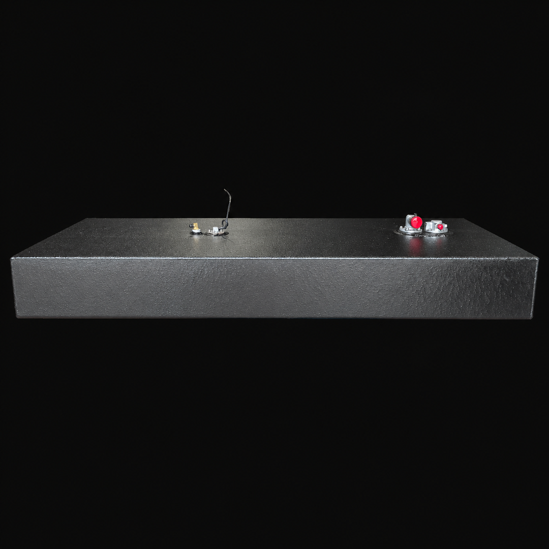 A side-elevation landscape profile view of a black Contender 25 Bay Boat 2017 replacement marine fuel tank isolated against a black background. This straight-on side view highlights the slim, rectangular box-shaped profile of the 91-gallon low-profile center-hull fuel cell, precision-fabricated from heavy-gauge marine-grade 5052-H32 aluminum. The entire structural body is treated with an anti-corrosive, textured black TarGard epoxy coating to resist harsh saltwater conditions in the bilge cavity. The flat t