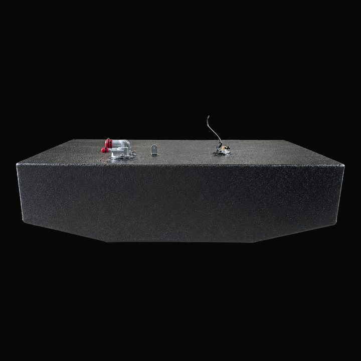 A side-elevation profile view of a black Contender 25 Bay Boat 2017 replacement marine fuel tank isolated against a black background. This side-on perspective highlights the long, shallow, rectangular design of the 91-gallon low-profile center-hull fuel cell, featuring a specialized hull-conforming bottom V-contour engineered by Welding World to sit flush within the boat's narrow center bilge. Precision-fabricated from heavy-gauge marine-grade 5052-H32 aluminum, the structure is completely finished in an an