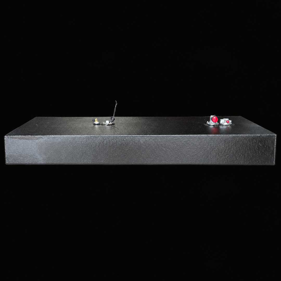A close side-elevation profile view of a black Contender 25 Bay Boat 2017 replacement marine fuel tank from file image_cdeeb6.jpg, isolated against a black background. This side-on perspective highlights the ultra-low-profile, elongated rectangular box design of the 91-gallon center-hull fuel cell, precision-fabricated from heavy-gauge marine-grade 5052-H32 aluminum. The structural body is fully encapsulated in an anti-corrosive, textured black TarGard epoxy coating to protect against saltwater pitting in t