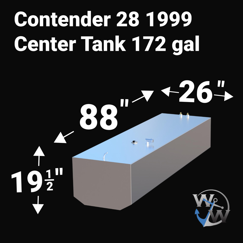 Dimensional diagram of a 172-gallon Contender 28 center fuel tank showing precise measurements: 88" length, 26" width, and 19 1/2" height. Features a silver marine-grade aluminum finish with the Welding World logo on a black background.