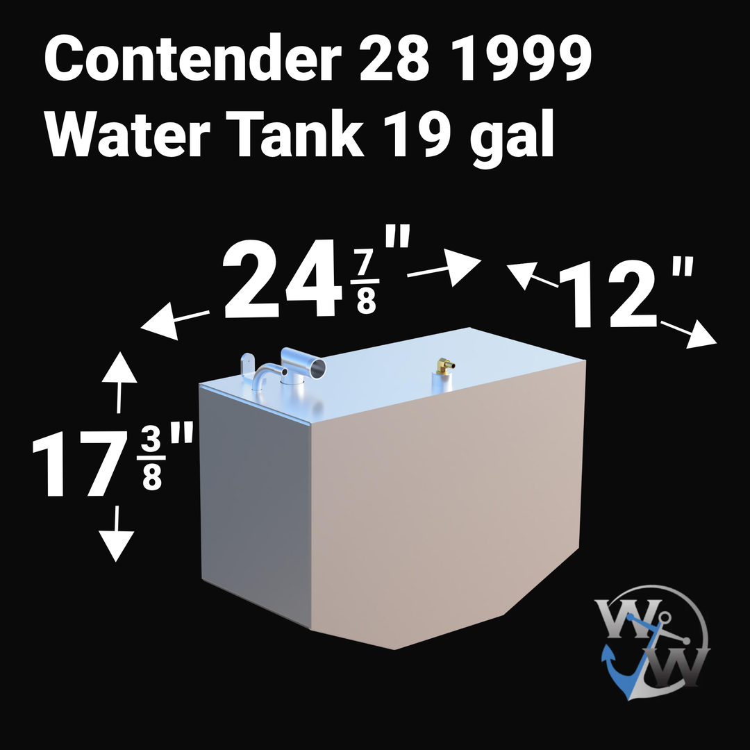 Technical dimensional diagram for a 19-gallon Contender 28 replacement water tank featuring OEM measurements: 24 7/8" length, 12" width, and 17 3/8" height. Rendered in silver marine-grade aluminum with top-mounted plumbing ports and the Welding World logo.