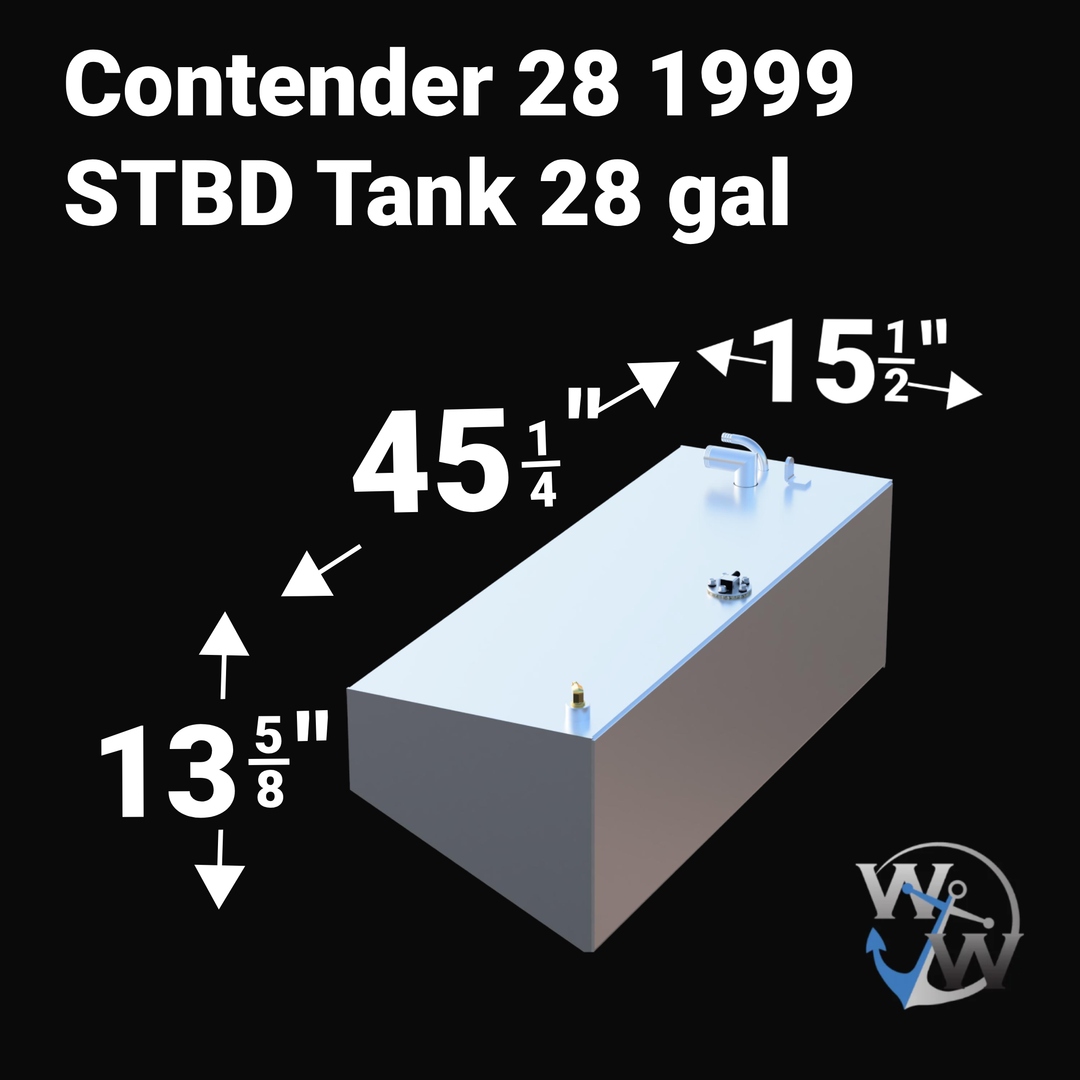 Dimensional diagram of a 28-gallon Starboard (STBD) saddle fuel tank for a 1999 Contender 28, showing precise measurements: 45 1/4" length, 15 1/2" width, and 13 5/8" height. Rendered in silver marine-grade aluminum with the Welding World logo.