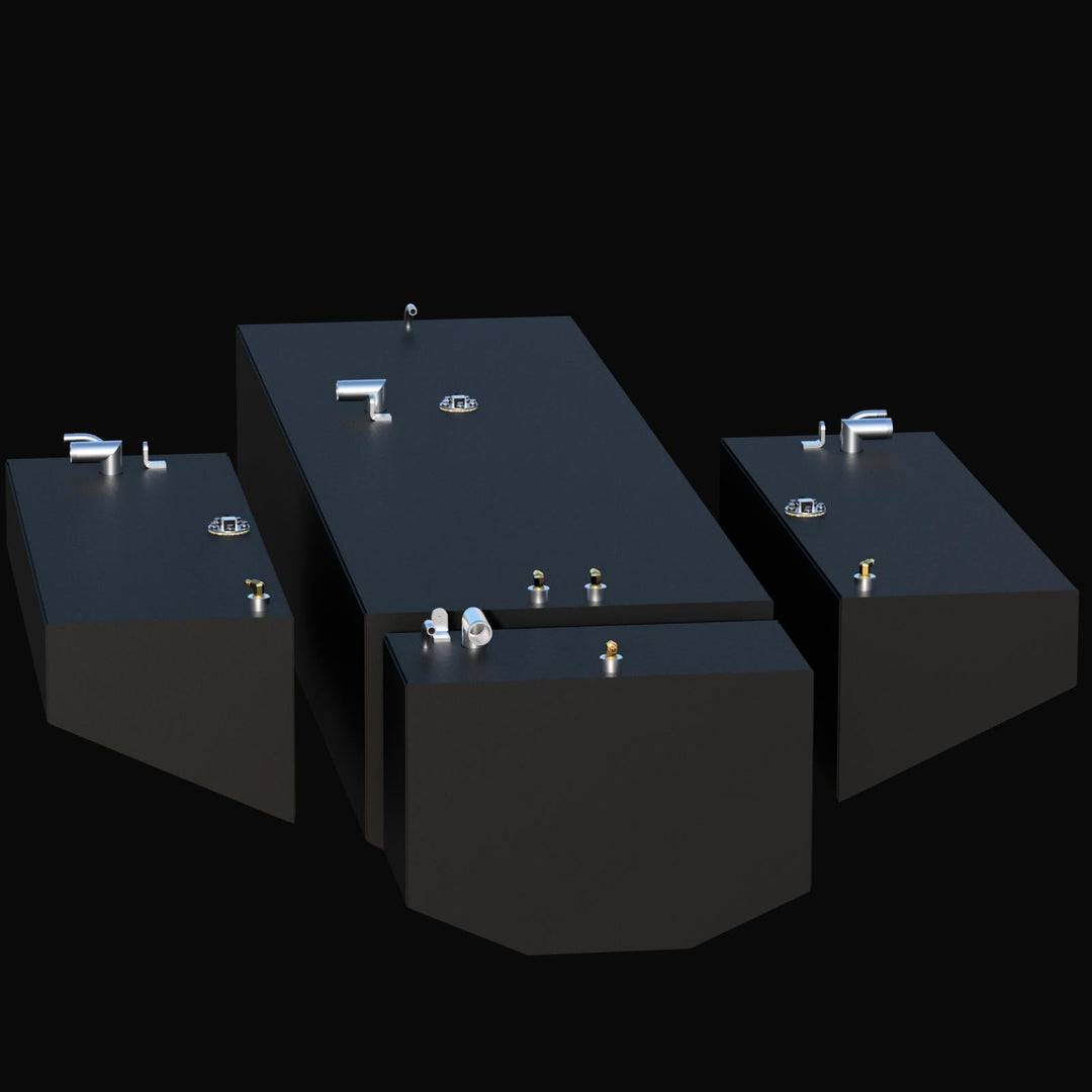 Isometric front-angle 3D rendering of a 4-tank replacement system for a 1999 Contender 28, showcasing the coal-tar epoxy finish on the 172-gallon center fuel tank, dual 28-gallon saddle tanks, and 19-gallon water tank.